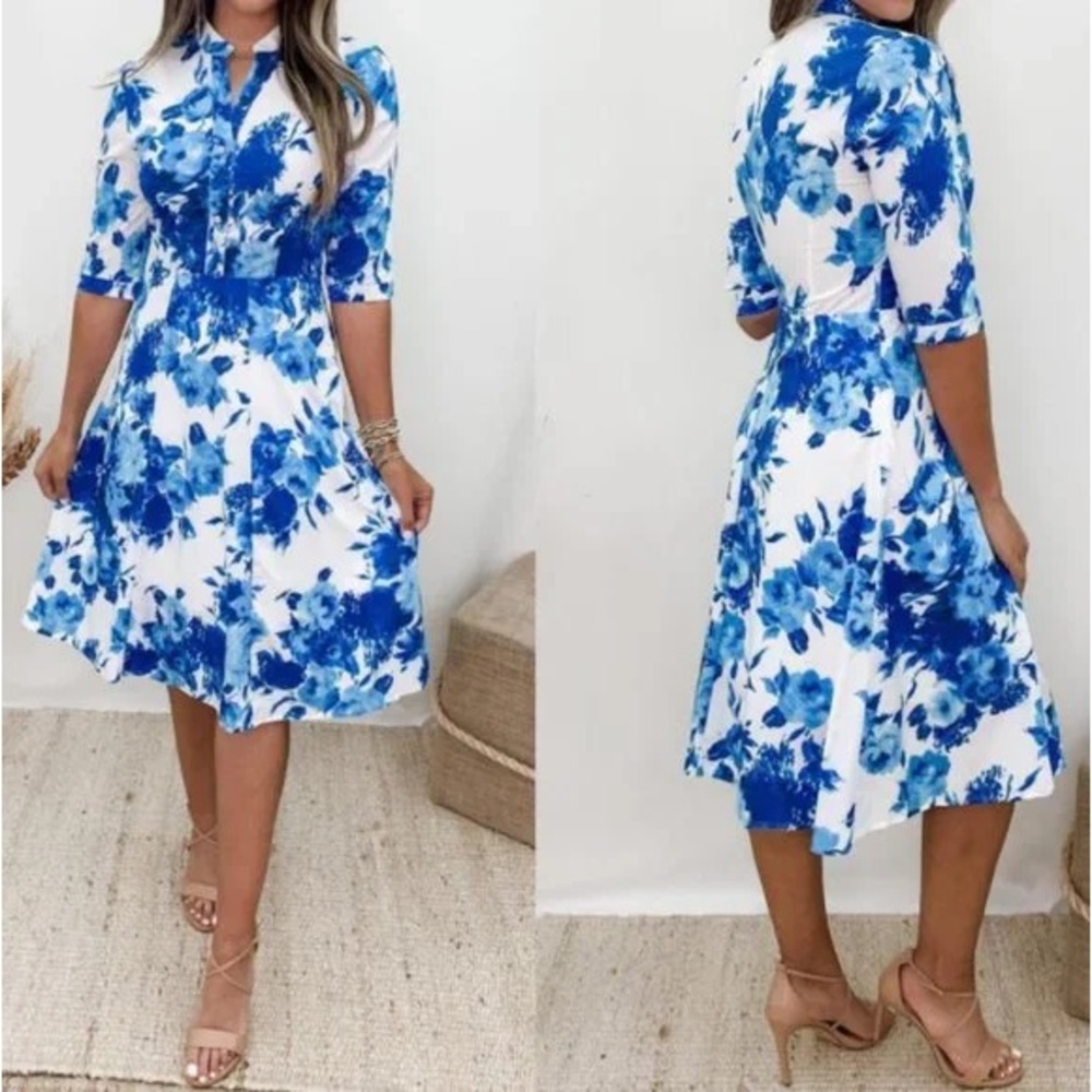 Sz M Floral Floral Half Button Shirt Dress